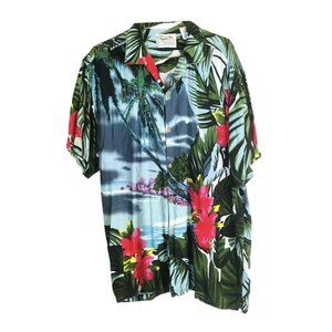 Men’s Hawaiian Shirt Thums Up for Him Vintage Hibiscus & Island Palms Rayon M